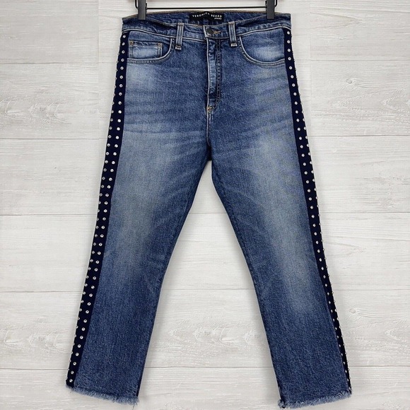 Veronica Beard Ines Cropped Straight-Leg Girlfriend Jeans 28 Blue Rhinestones - Picture 16 of 16